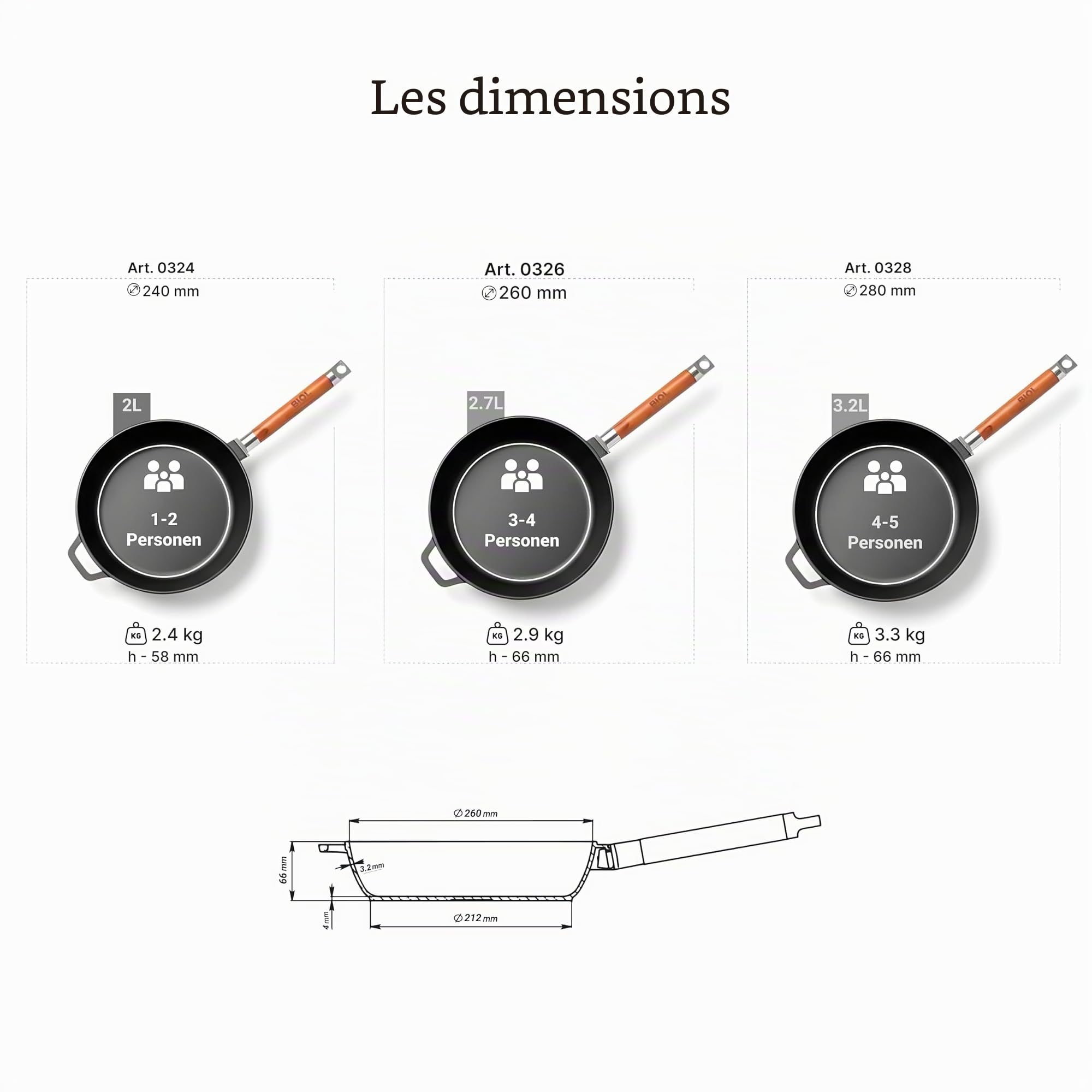 BIOL Poêle en fonte 26 cm – Poêle induction sans revêtement, manche en bois amovible, idéale pour saisir, rôtir et mijoter