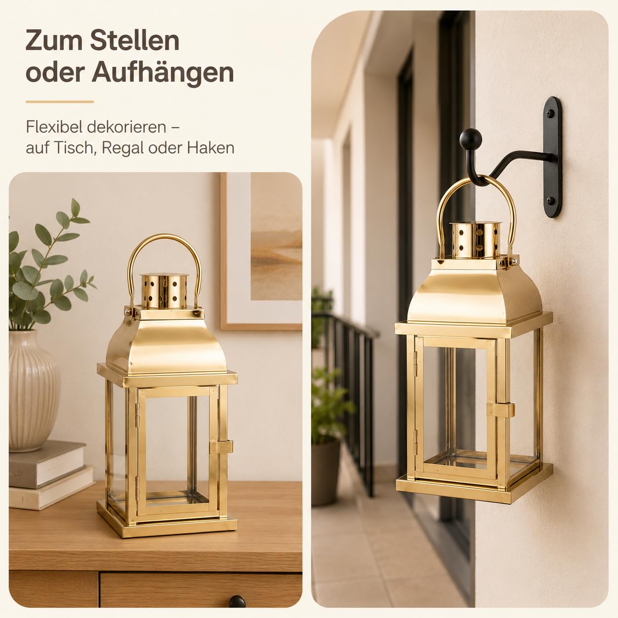 TRIROCKS Windlicht Laterne 2er Set Gold, 25 cm Kerzenlaterne aus Metall & Glas, Deko Laternen für Tisch, Balkon, Terrasse, Hochzeit, Wohnzimmer, Innen & geschützten Außenbereich, ohne Kerzen