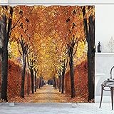 Nature Shower Curtain by Ambesonne, Fall Road in Park Autumn Leaves Distance Perspective Foliage Forest Theme, Digital Print Polyester Fabric Bathroom Set, Red Brown Orange Multicolored