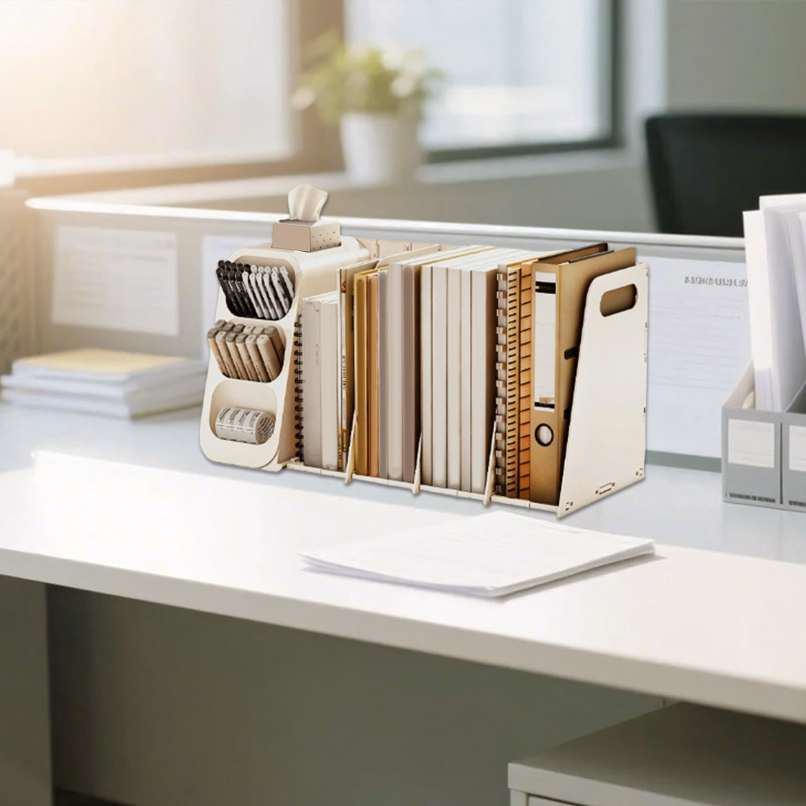 Organizer da Scrivania Multifunzionale per Libri, Portadocumenti E Accessori Pieghevoli per L'organizzazione della Scrivania, Crema