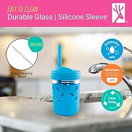 Elk and Friends Kids + Toddler Glass Cups | The Original 8oz Glass Mason Jar with Sleeves + Lids | Silicone Straws + Stopper | Smoothie Cup | Food Storage | Spill Resistant | Dishwasher Safe | 4 Pack