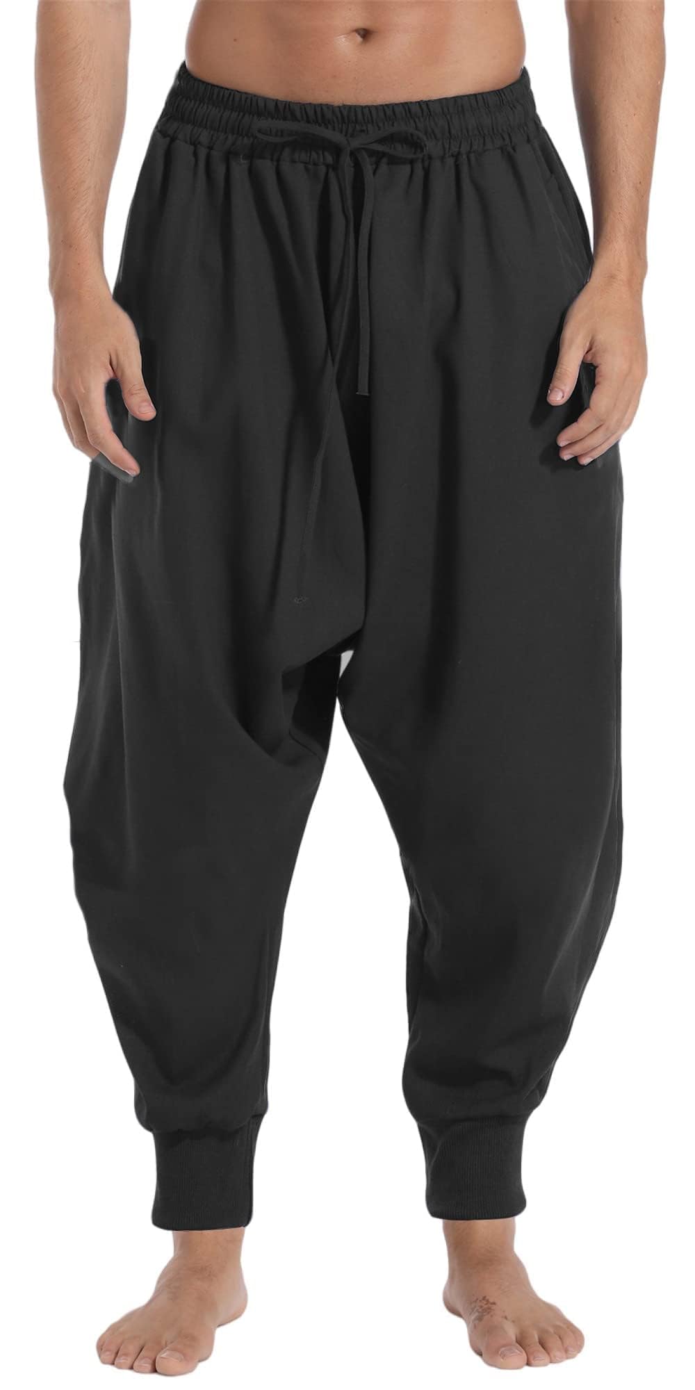 AITFINEISM, Pantaloni harem da uomo, comodi, con vita elasticizzata, alla moda, in tinta unita, casual, in stile hippie, per yoga