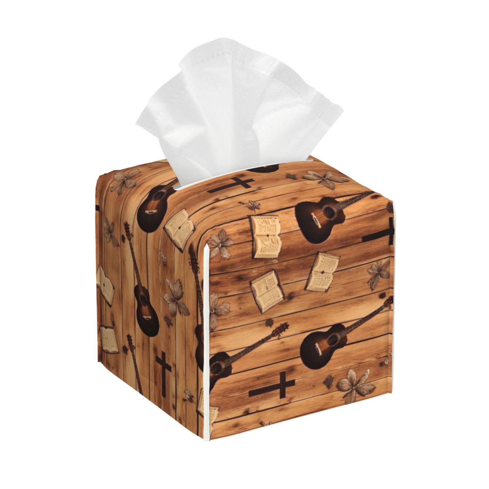 Christian Guitar Leather Tissue Box Cover Holder Square Facial Paper Organizer 5.2" X 5.2" X 5.2"