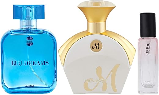Ajmal BLU DREAMS EDP 100ML & MARYAJ MWHITE EDP 90ML & Neea EDP of 20ML Pack of 3 (Total 210ML) for Men & Women
