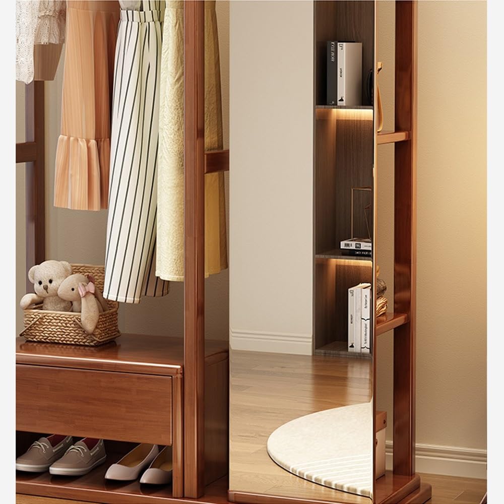 Perchero Colgador de Ropa Madera Maciza, Espejo tocador, Suelo Dormitorio, Giratorio, Multifuncional, con cajón, Perchero, Zapatero(Walnut)