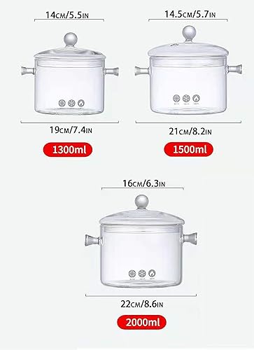 Miniatura 5 de Olla de vidrio transparente para estufa, sartén de doble asa con tapa para fideos de pasta, sopa, leche, preparación de alimentos para bebés o