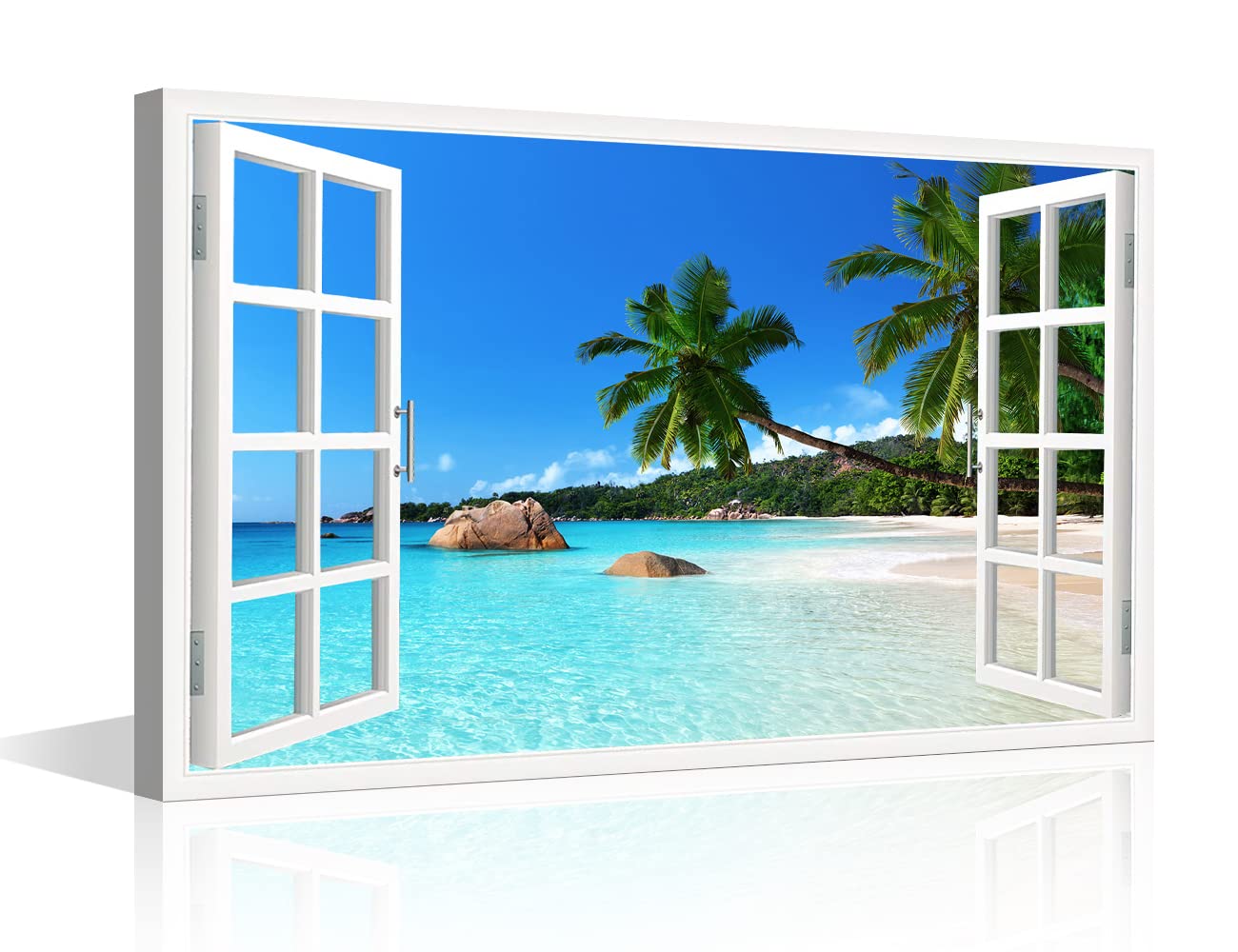 TISHIRON 3D Window Effect View Canvas Wall Art Coconut Tree Beach Seaside Landscap Pictures Kitchen for Living Room Bedroom Office Home Decorations Ready to Hang 16x24inch