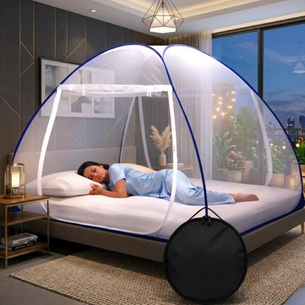 Pop-Up Mosquito Net for Double Bed, White with Blue Border, Foldable with Carry Bag-image-45