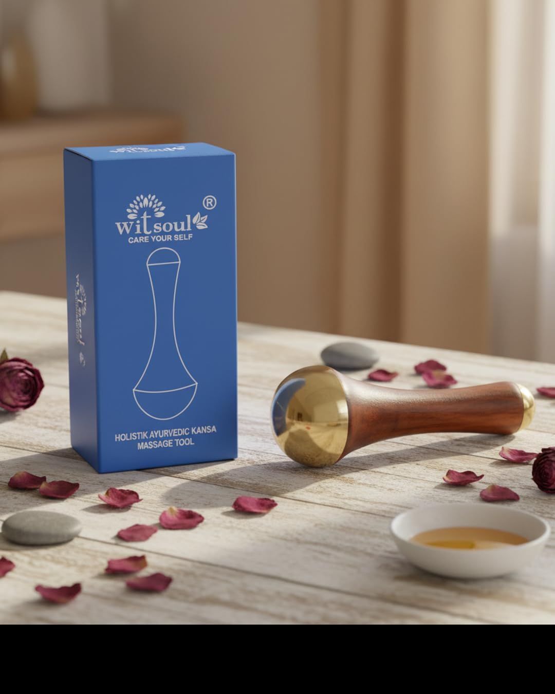 WITSOUL Double Cup kansa Wand face,Foot and Eye Massager/Unique Design - 2 in 1 Kansa/Two Different Sizes with Teak Wood Handle 1pcs - Image 4