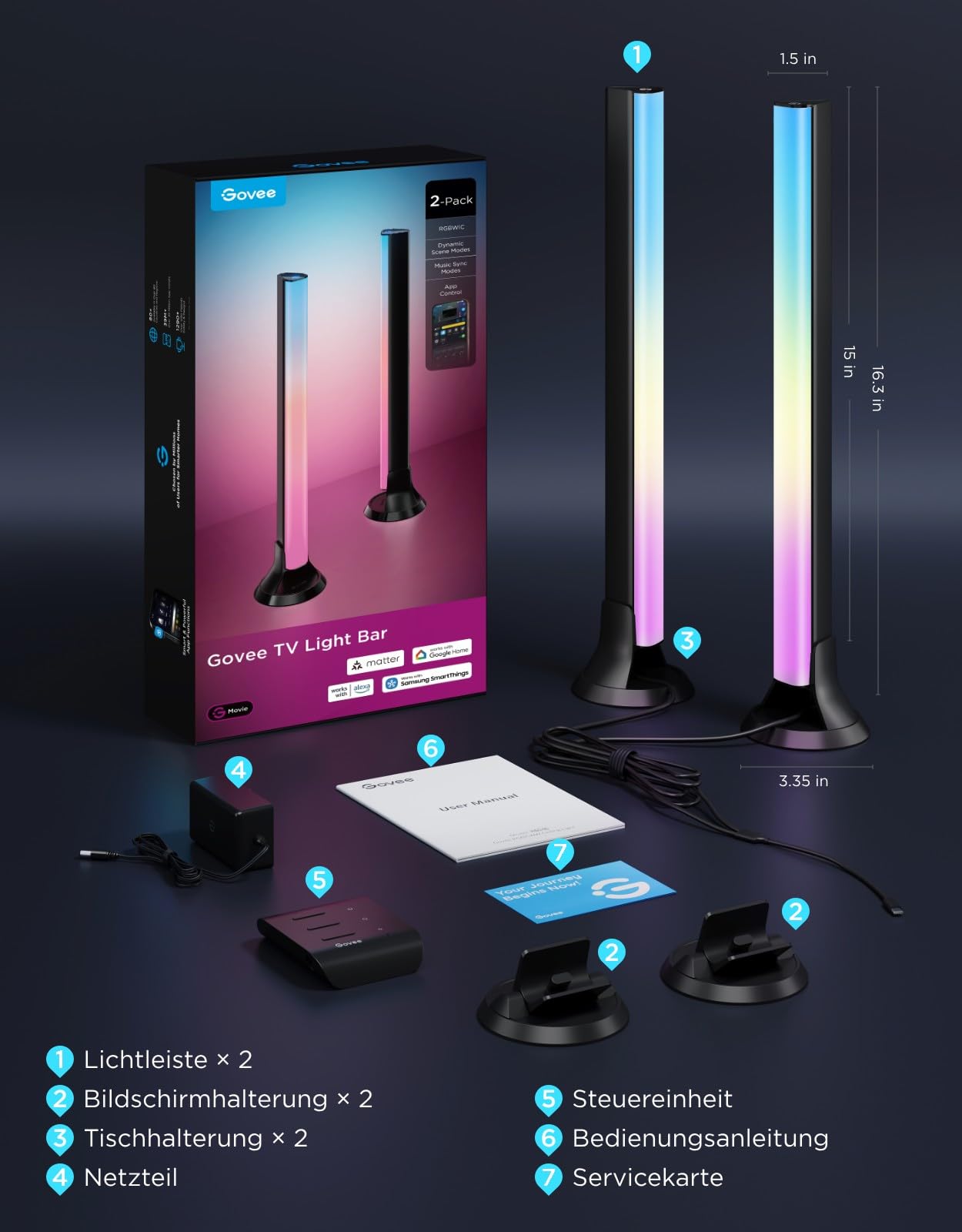 Govee RGBWIC TV Light Bars,WiFi TV Hintergrundbeleuchtung für 45-70Zoll TVs | 38cm Smart LED TV Backlights für TV & PC, kompatibel mit Matter, Alexa und Google Assistant, 3 Platzierungsoptionen, Schwarz
