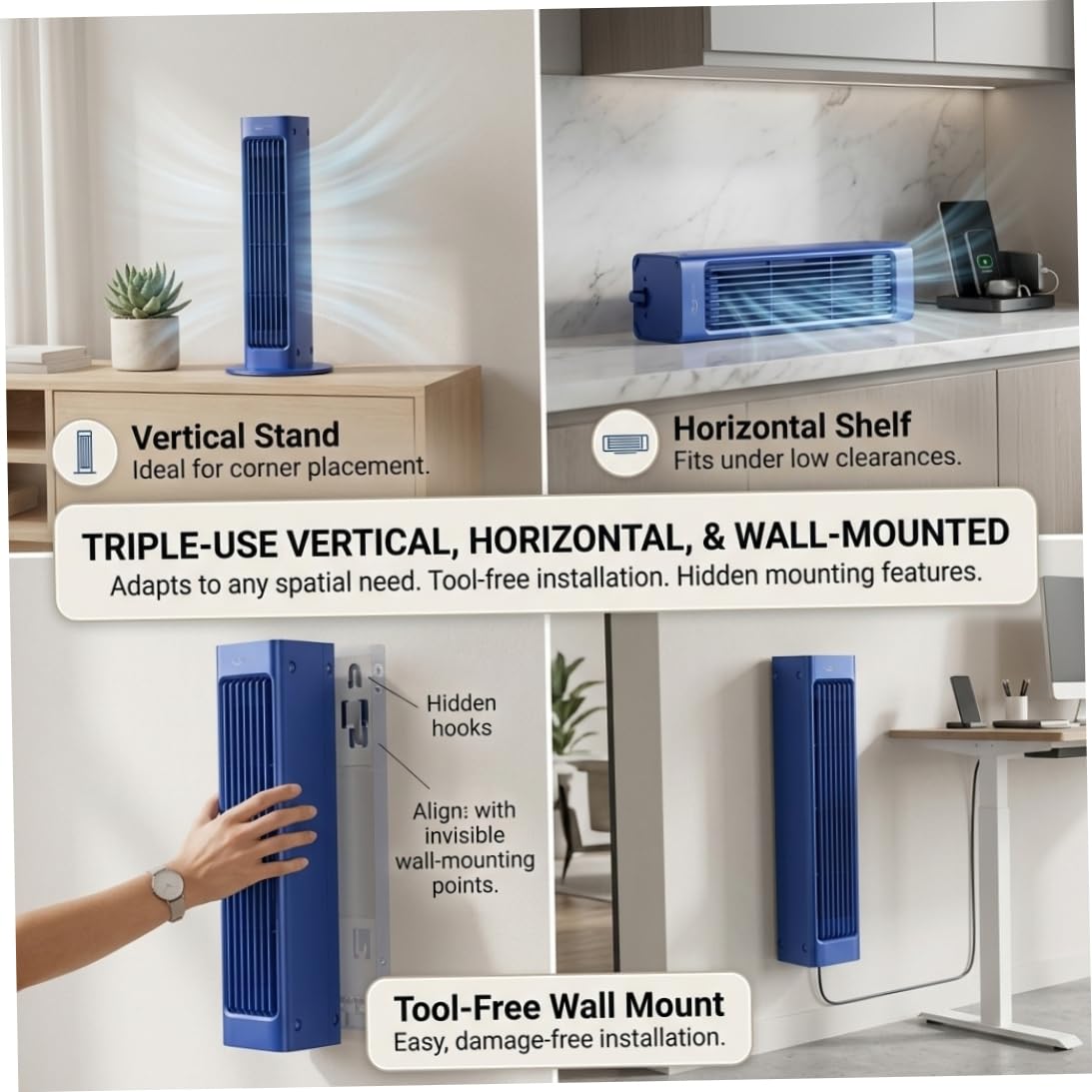 Ventilador de Torre con Control Remoto, Ventilador de refrigeración portátil oscilante de 60° para Dormitorio, Torre silenciosa con batería de 4000 Mah y Soporte de Pared 3 en 1, Abs Azul
