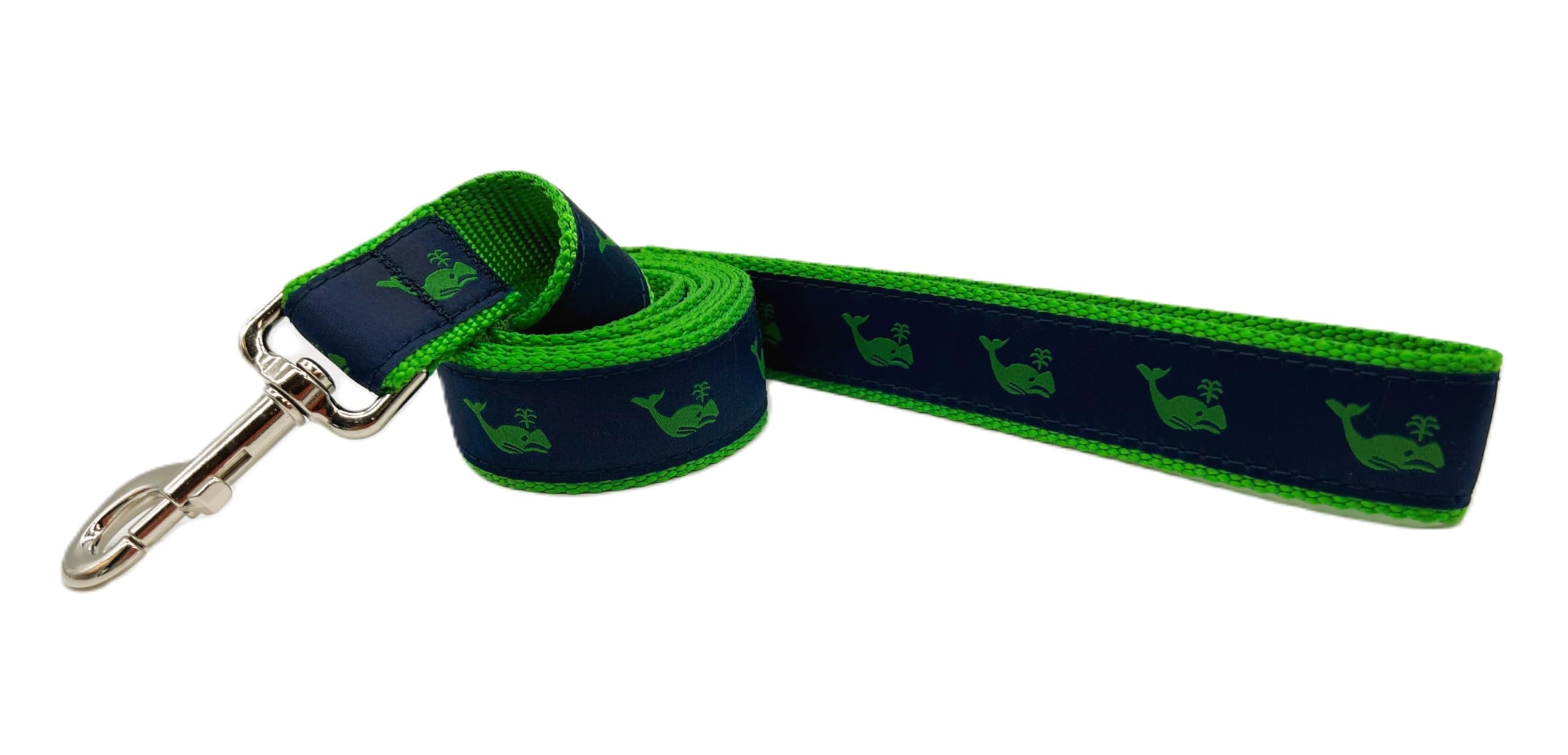 PrestonHeavy Duty Adjustable Dog Collar or Dog Leash - Ideal Dog Collars and Leashes Come in Multiple Sizes for All Pets. Preppy Green Whales on Navy (Small Leash, 3/4 inch Wide)
