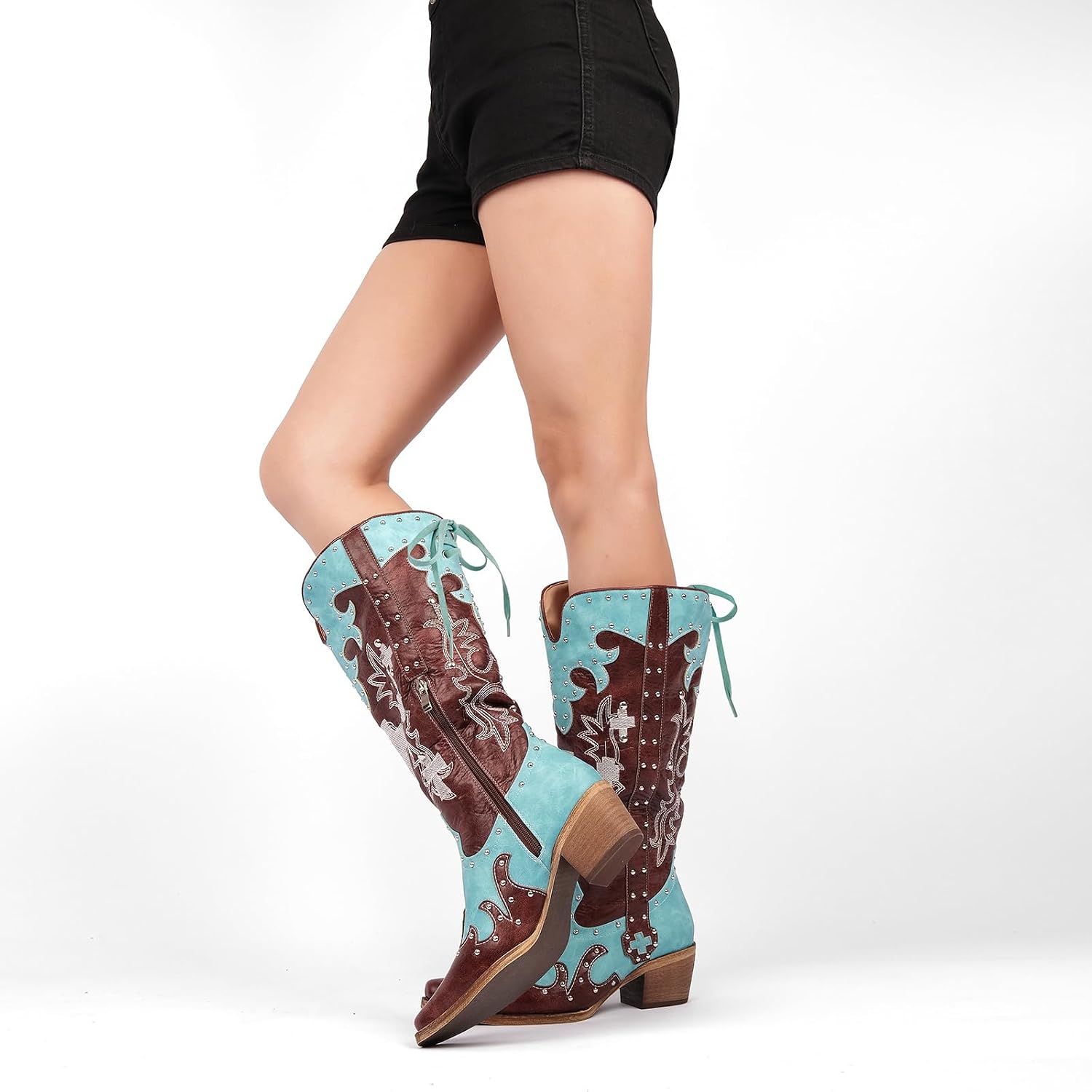 sexytag Embroidered Cowboy Boots Knee High Studded Two-Tone Pathwork Cowgirl Boots Wide Calf Low Heel Pointed Toe Side Zipper Back Lace Up Western Boot