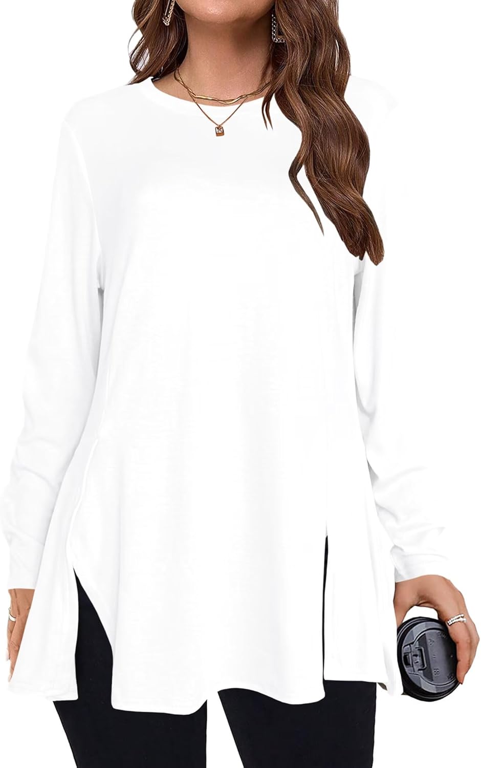 Afibi Crew Neck Long Sleeve Tunic Tops for Women Loose Fit Dressy for Leggings with Side Split - Image 2