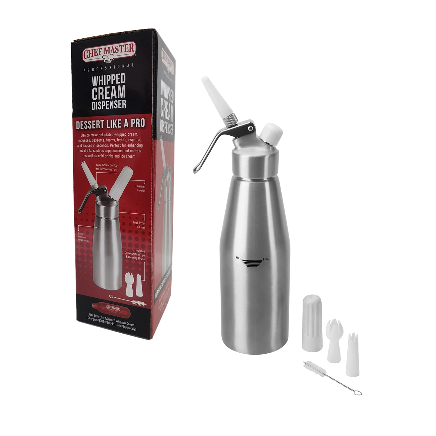 Chef Master 1 Liter Aluminum Whipped Cream Dispenser, 2 Pint Aluminum Whip Cream Dispenser with Cleaning Brush, Decorating Tips for Cakes, Coffee, Waffle for Hotels, Restaurants & Coffee Shops - 90077