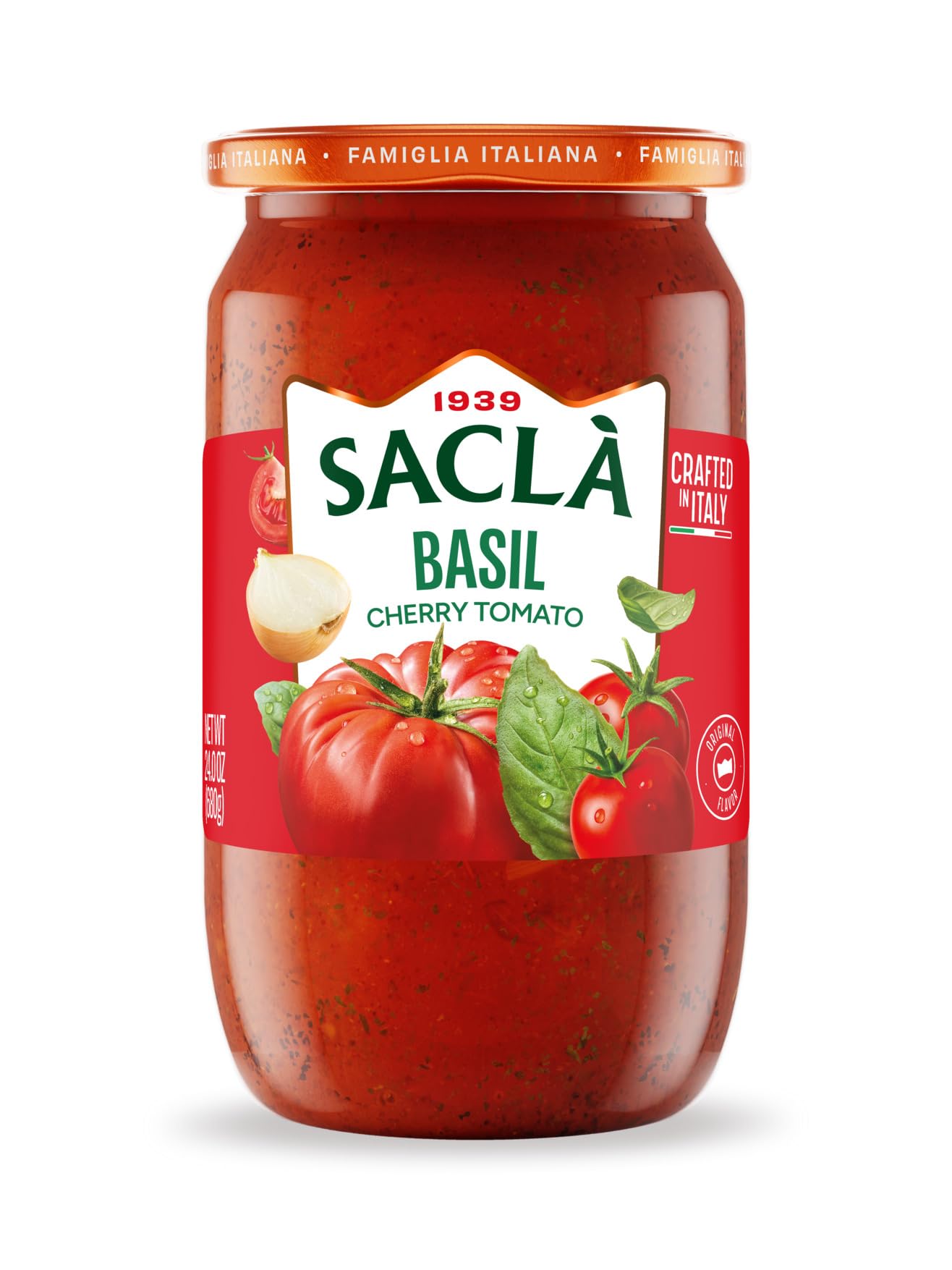 SACLA Cherry Tomato & Basil Pasta Sauce with No Added Sugar | 100% Italian Grown Tomatoes with Basil & Extra Virgin Olive Oil | 24 oz Glass Jar | Imported from Italy | Non-GMO Authentic Italian Sauce