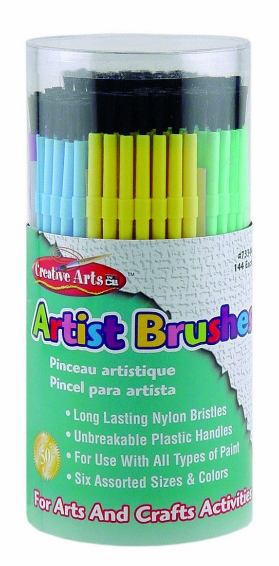 Charles Leonard Creative Arts Artist Paint Brushes, Plastic Handles with Nylon Bristles, 6 Assorted Sizes and Colors, 144-Pack Tub (73344)
