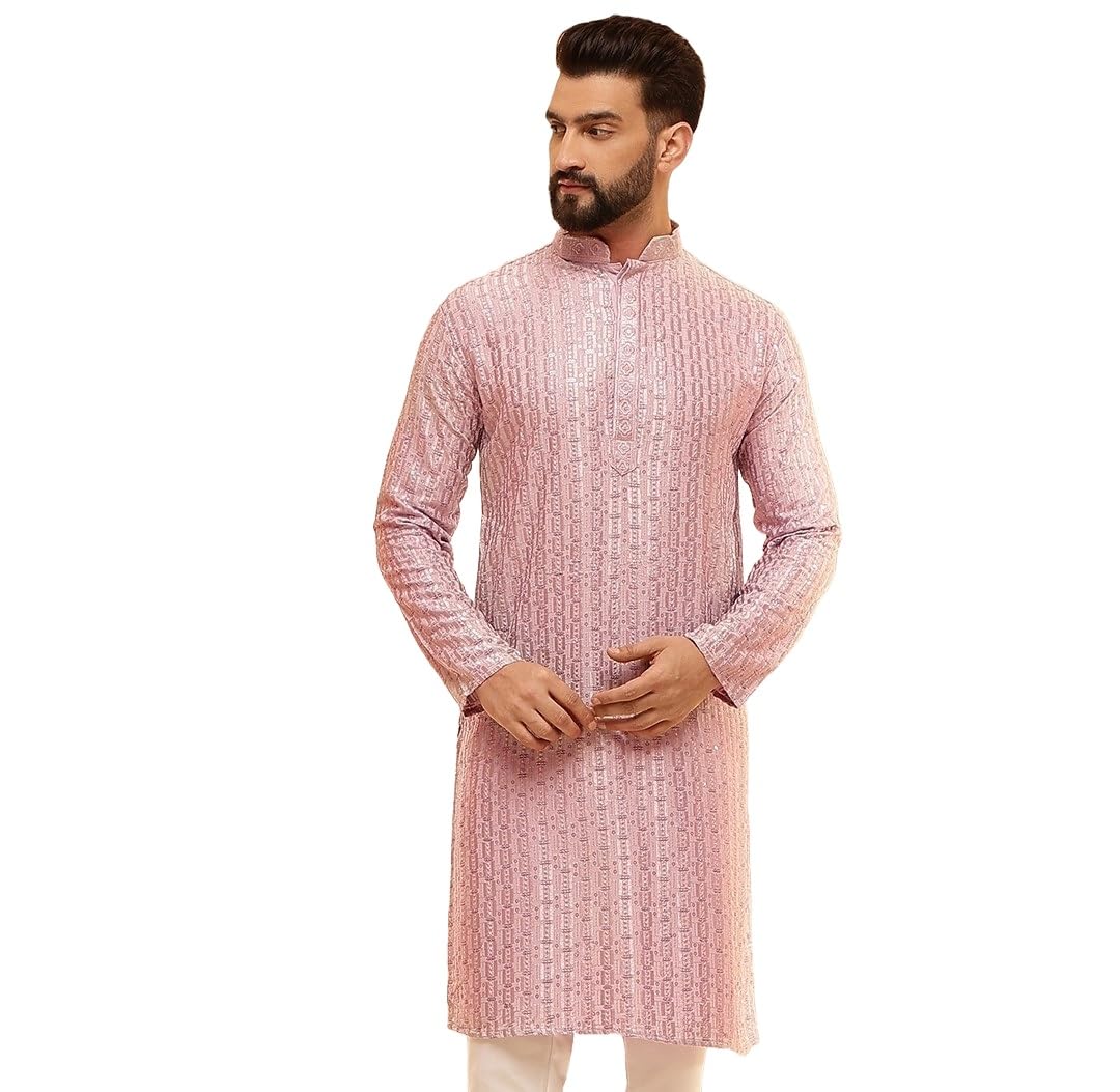 Sojanya (Since 1958 Men's Cotton Rayon Shiny Thread Sequinned Pink Only Long Kurta