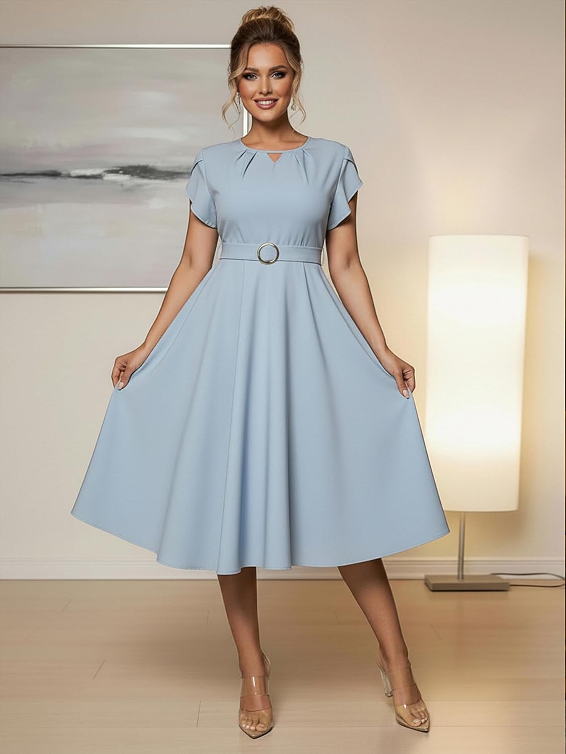 Women's Vintage Petal Short Sleeve Midi Dress Keyhole Neck Belted A Line Flowy Wedding Guest Dresses - Image 3