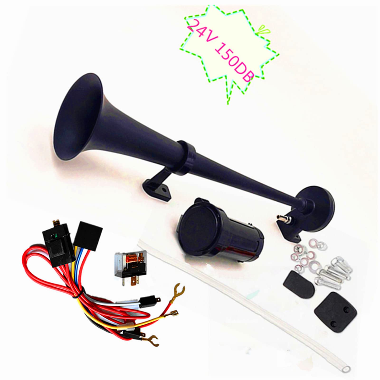 Corneta de aire Bocina de camión 150db Car Horn Cromo Zinc negro Tubo único Trompeta 24V Alarma Bocina Altavoz con compresor bomba de aire Bocina eléctrica para 24V camión coche barco moto etc