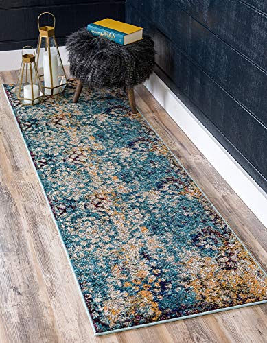 Unique Loom Vita Collection Traditional Over-Dyed Saturated Floral Medallions Area Rug (2' 0 x 6' 7 Runner, Turquoise/ Ivory)