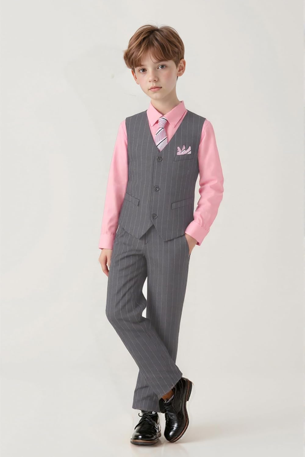 Boys Grey Suits for Wedding Kid Prom Tuxedo Suit Vest and Pants Set with Pink Shirt Size 7 - Image 6