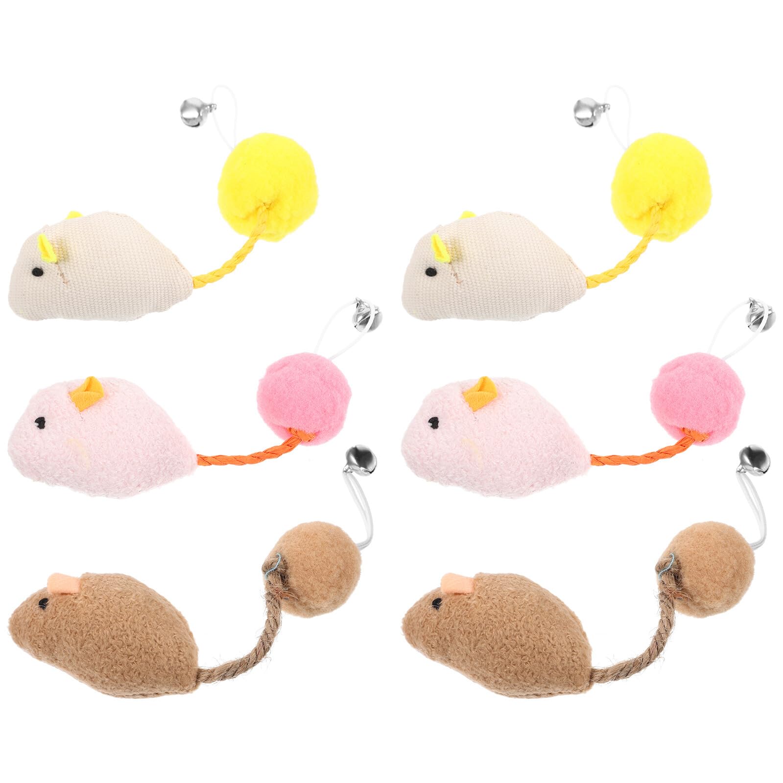 POPETPOP 6 Pièces Lot de Souris Jouets Interactifs pour Chat avec Clochette Peluche Colorée Blanc Rose Marron pour Exercice et Amusement des Chatons Intérieur