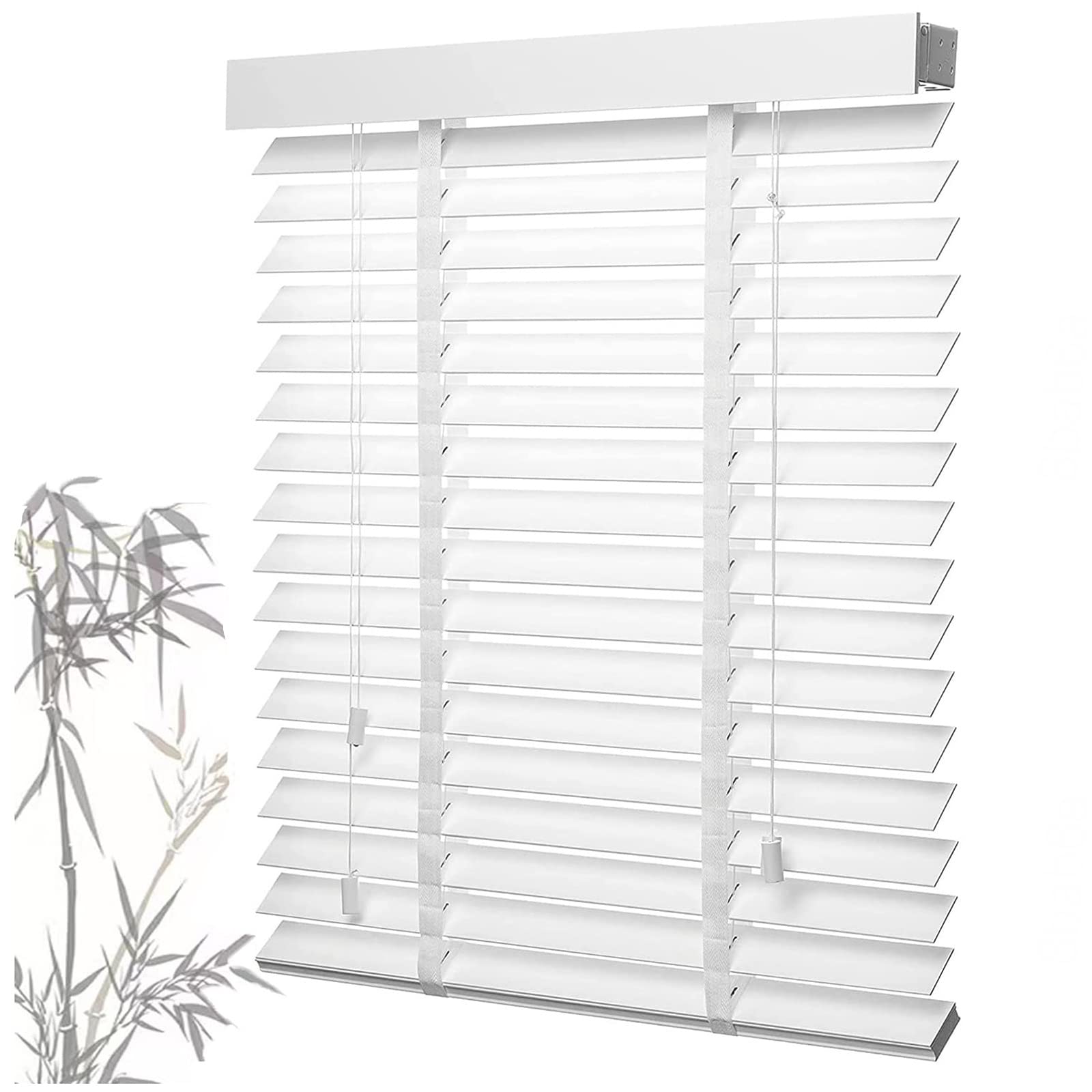 Bamboo Blinds, Wooden Venetian Blinds, Privacy Roller Shades, 50mm/2in Slats Solid Wood Window Blinds, White,WxH-60x91cm/24 x 36in — image 1