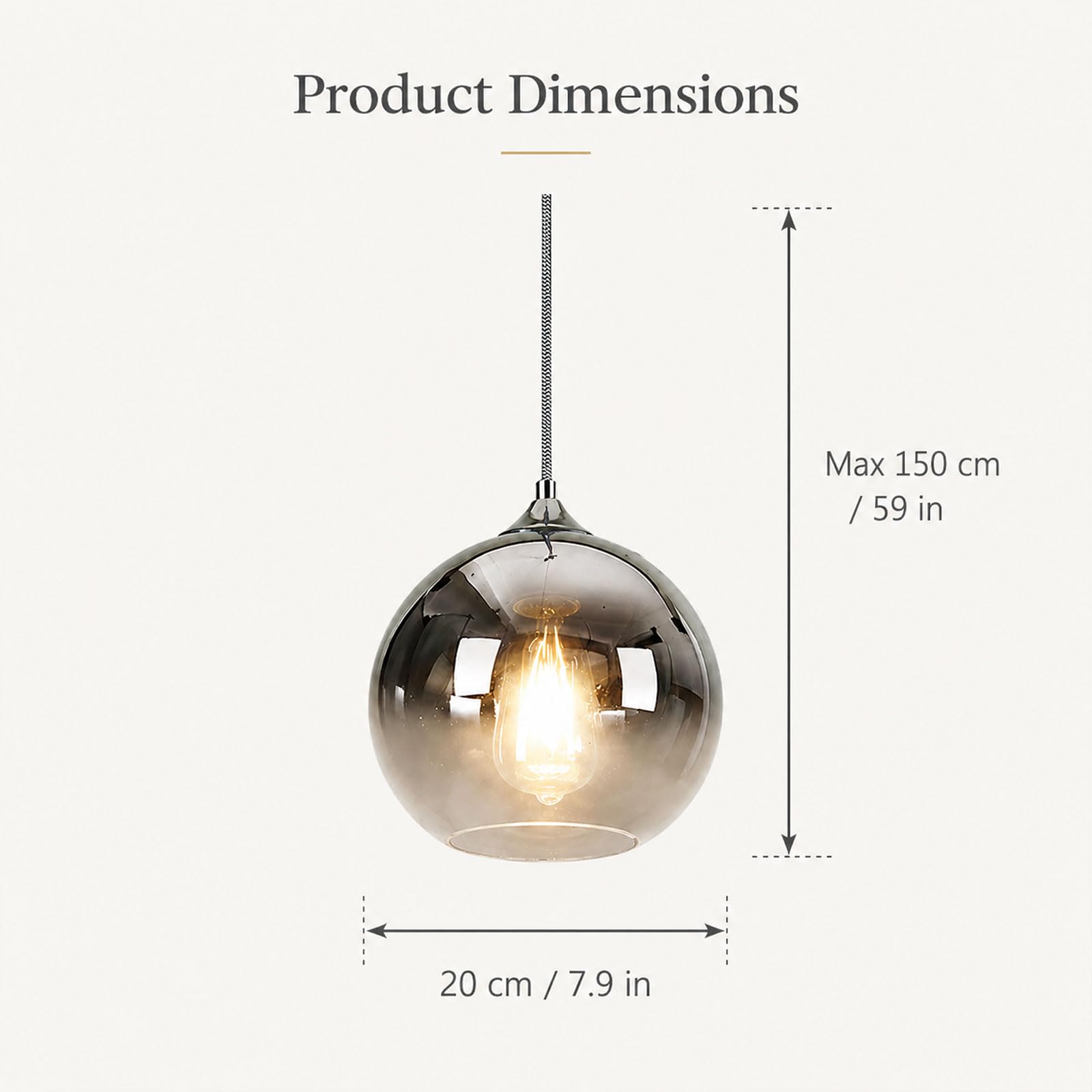 Lampada A Sospensione Globe 20 CM, Mini In Vetro Con Cavo Regolabile, Attacco E27, Luce Calda 3000K, Collegamento Diretto, Per Isola Cucina, Sala Da Pranzo, Camera, Lampadina Inclusa