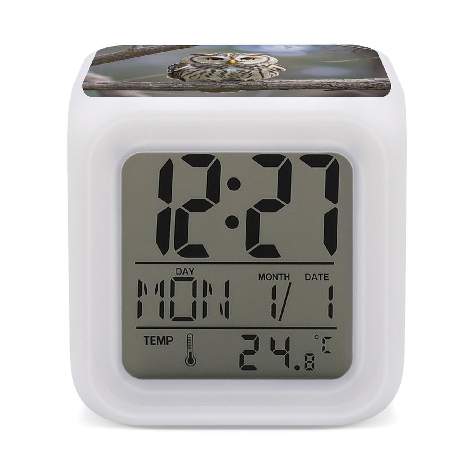 JTREHY 7 Color Changing LED Digital Alarm Clock,Cute Owl Printed Wake-up Clock with Temperature Display Home Decoration Alarm Clock for Bedroom Office