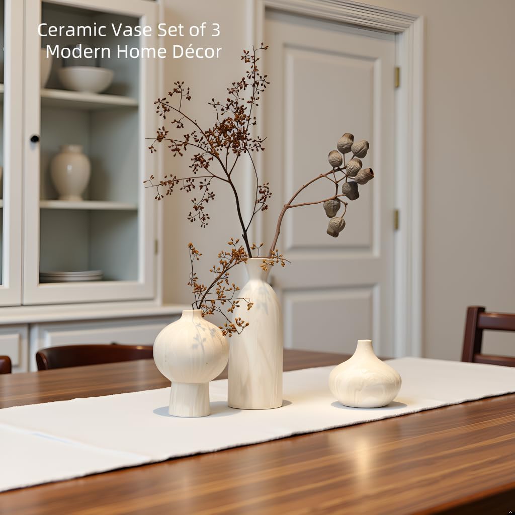 White Ceramic Vase Set of 3 in Beige, Modern Aesthetic Stone-Look Textured Pottery Vases for Shelf & Bookshelf Home Decor, Neutral Minimalist Decorative Vases for Flowers & Pampas Grass - Image 4