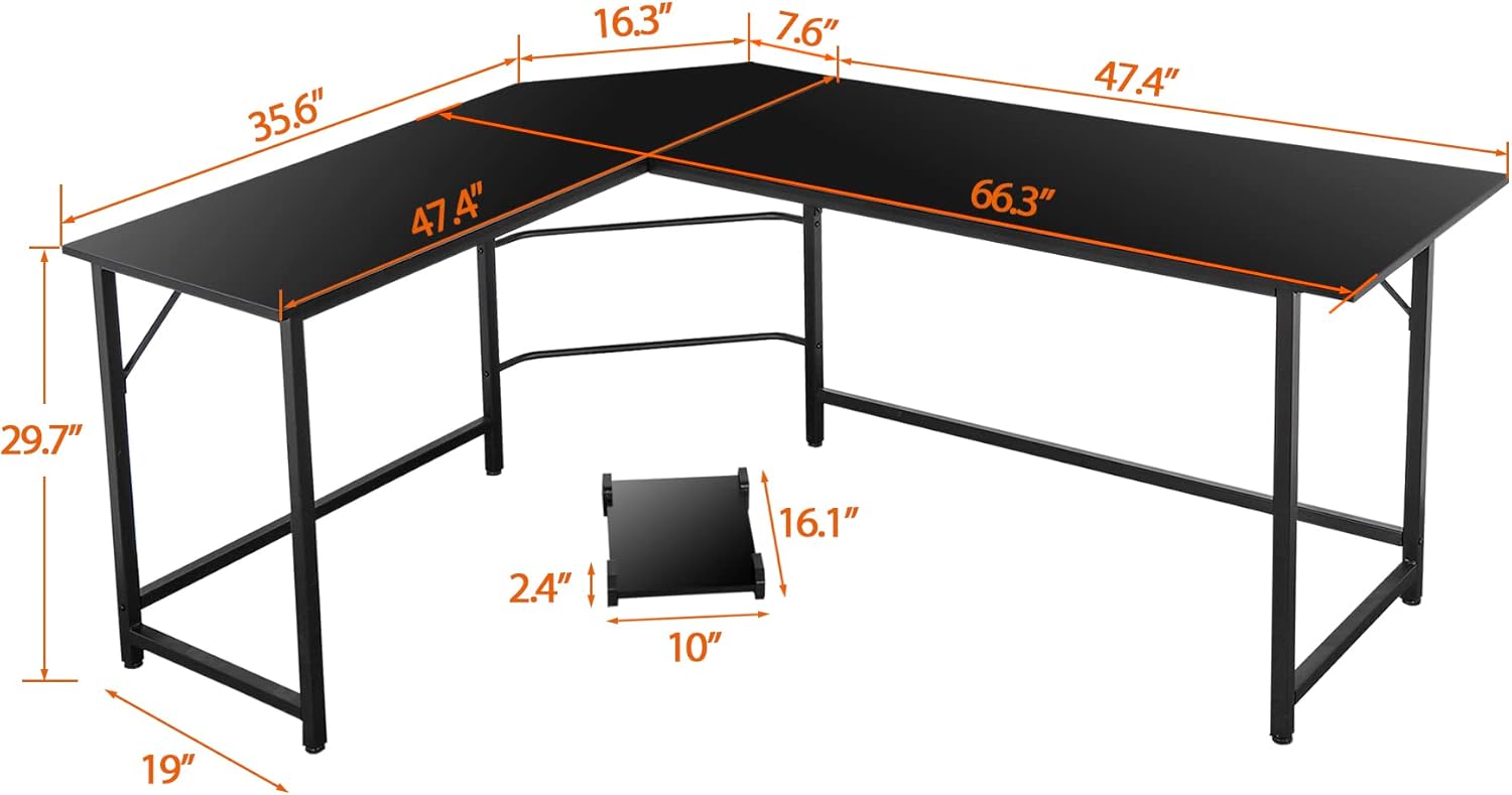 Diagram showing the detailed dimensions of the ZenStyle L-Shaped Corner Computer Desk, including length, width, and height measurements for each section and the CPU stand.