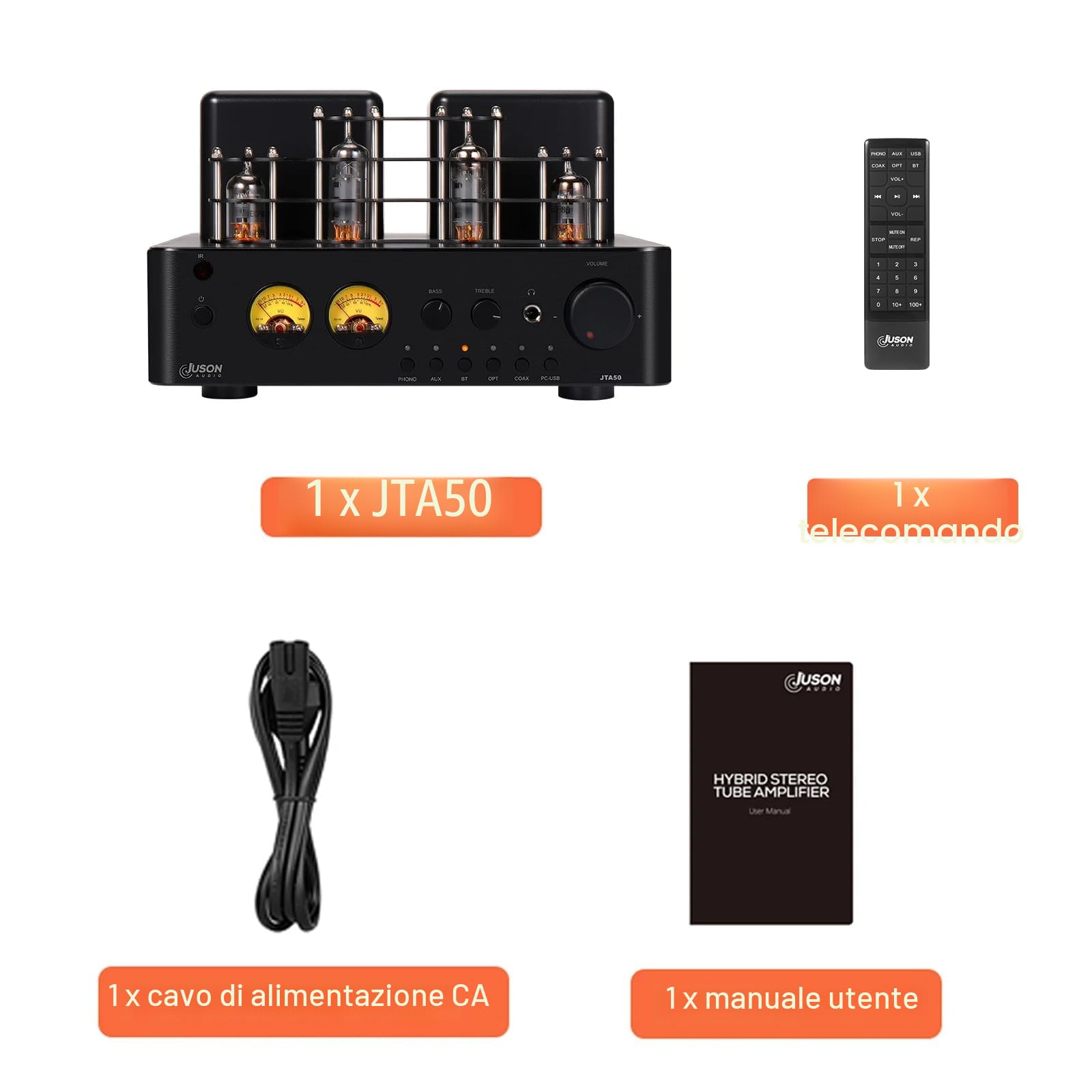 Juson Audio JTA50 Amplificatore a tubo amplificatore Hi-Fi con BT 5.0, telecomando, AUX, COAX, ingresso Phono e USB, uscita subwoofer, 2.1CH per giradischi
