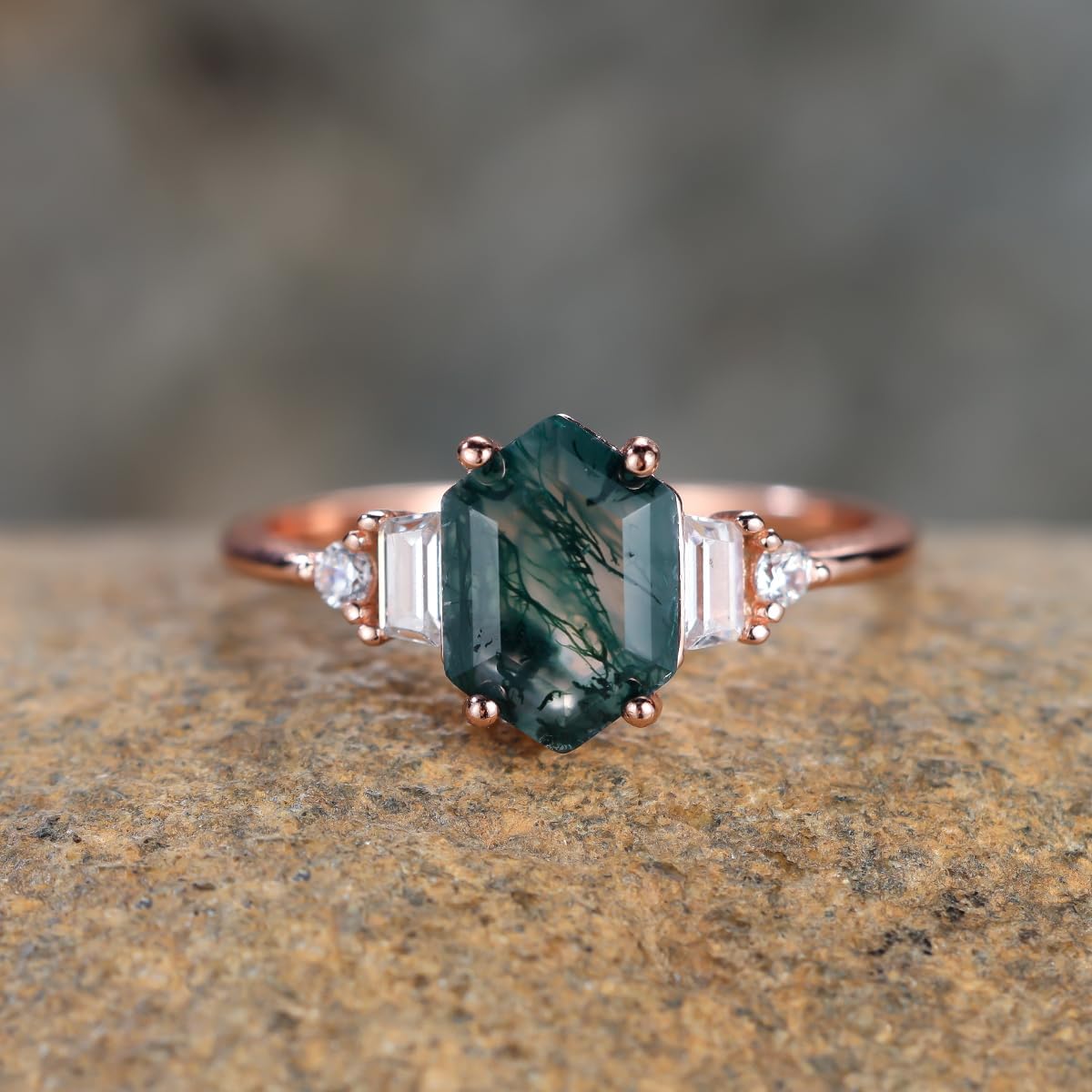 Natural Moss Agate Ring 925 Sterling Silver Engagement Promise Rings for Women Birthday Mother's Day Jewelry Gift (8, Rose Gold) - Image 2
