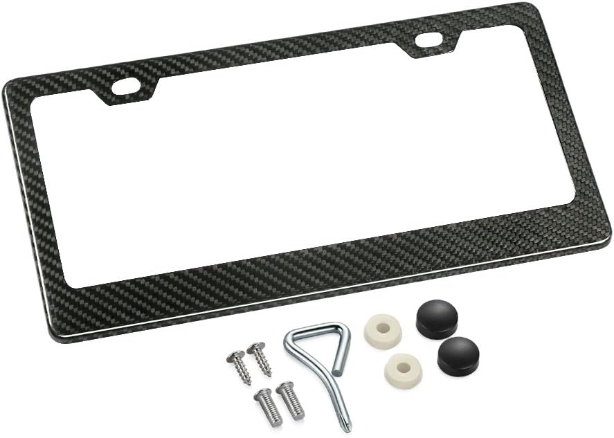 100% Real Carbon Fiber License Plate Frame 2 Holes Black Licenses Plates Frames,Car Licence Plate Covers Holders Slim Design with Chrome Screw Caps Tool Kit for US Vehicles(1PCS)