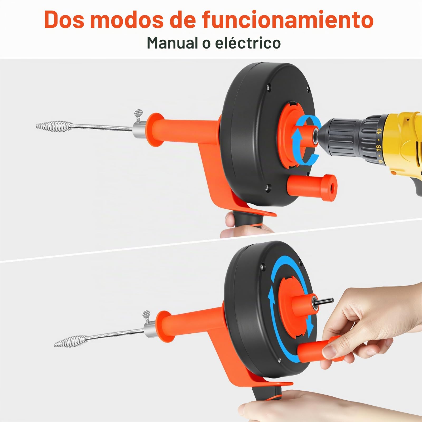SOARFLY Desatascador Tuberías Profesional 10 m, Espiral Desatascador con Accesorio para Taladro, Manual & Eléctrico, para Fregadero, Baño y Cocina