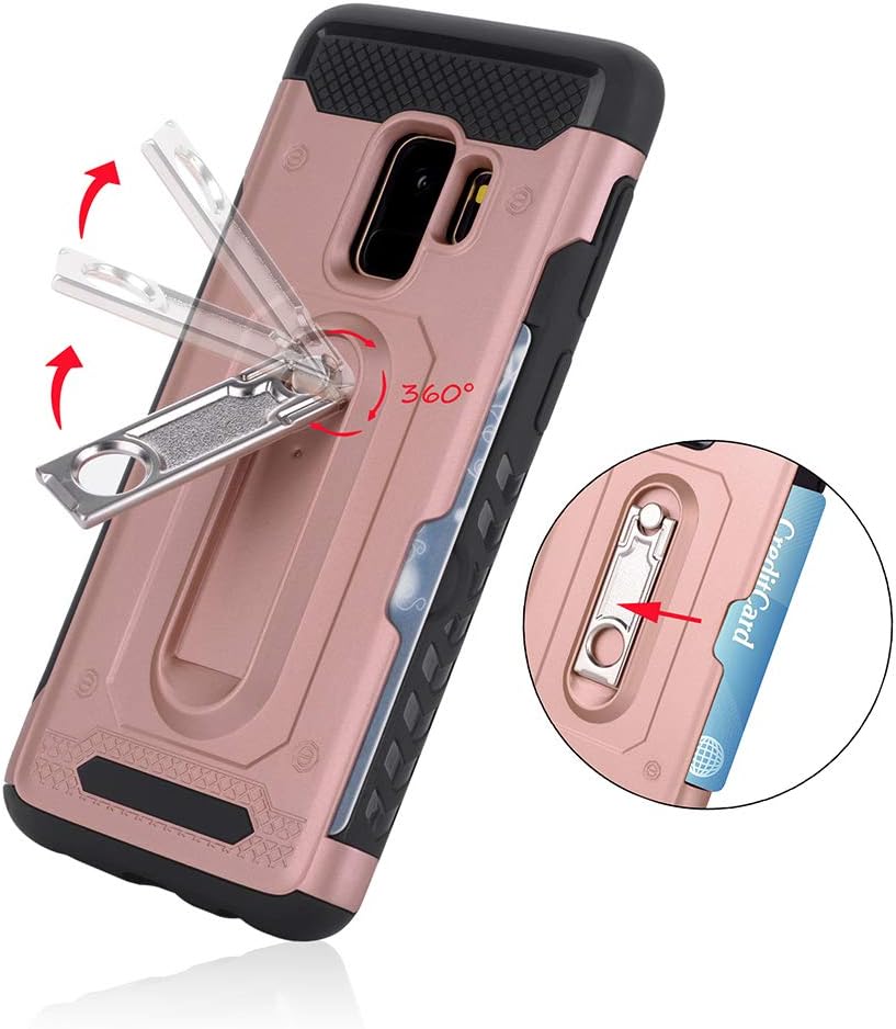 Phone Case for Samsung Galaxy S9 Plus with Friendly Tempered Glass Screen Protector Cover Credit Card Holder Wallet Cell Accessories Hard Stand Kickstand Glaxay 9S 9+ S 9 9plus S9plus S9+ Women Pink