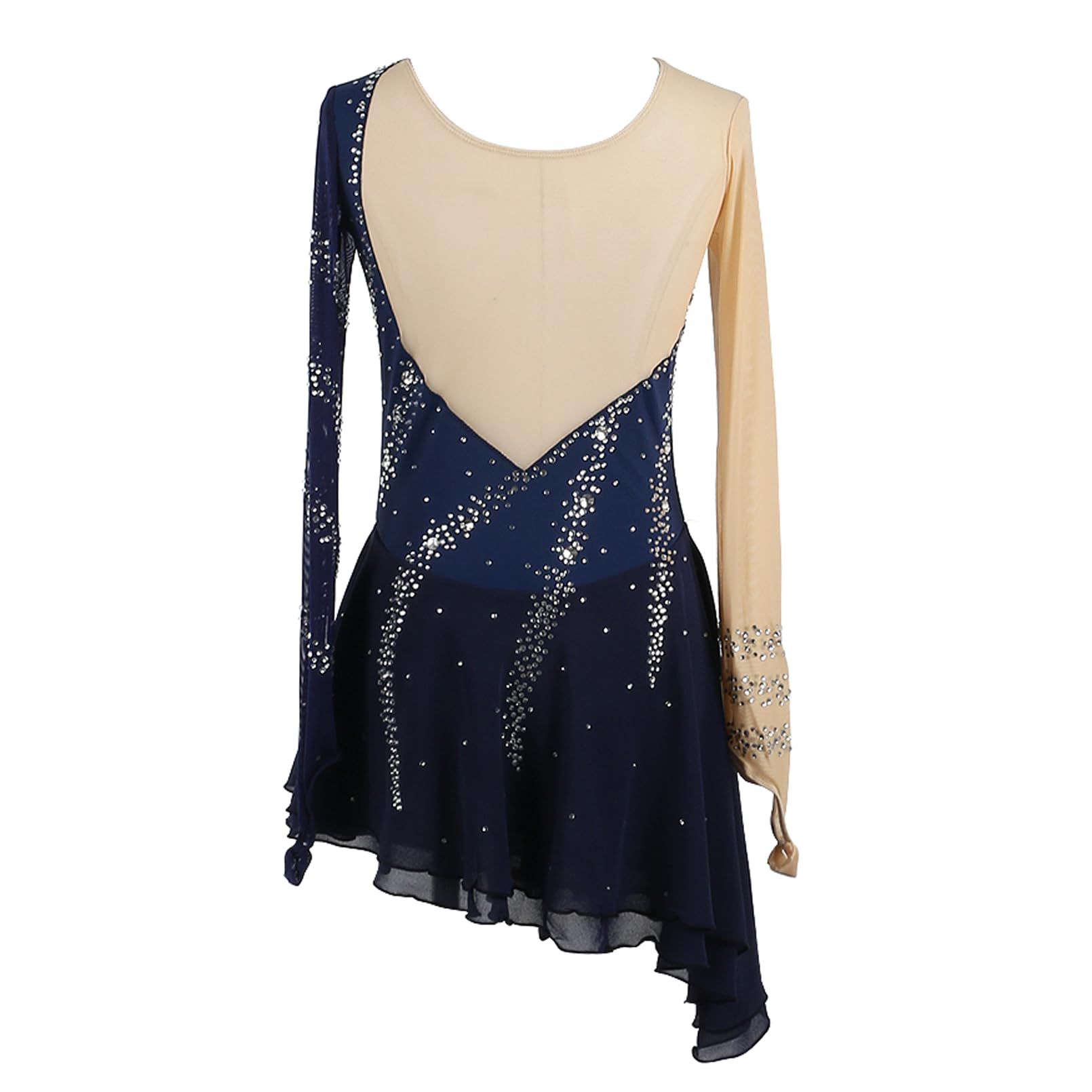 Enfant Fille Robe Patinage Artistique Femme Manches Longues à Strass et Ourlet Oblique Bleu Collant Patinage Artistique Danse Compétition Specatcle Tenue