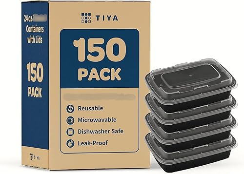 TIYA - Recipientes de comida para llevar, 24 onzas, paquete de 150 unidades con tapas, almacenamiento de alimentos de plástico rectangular, juego de