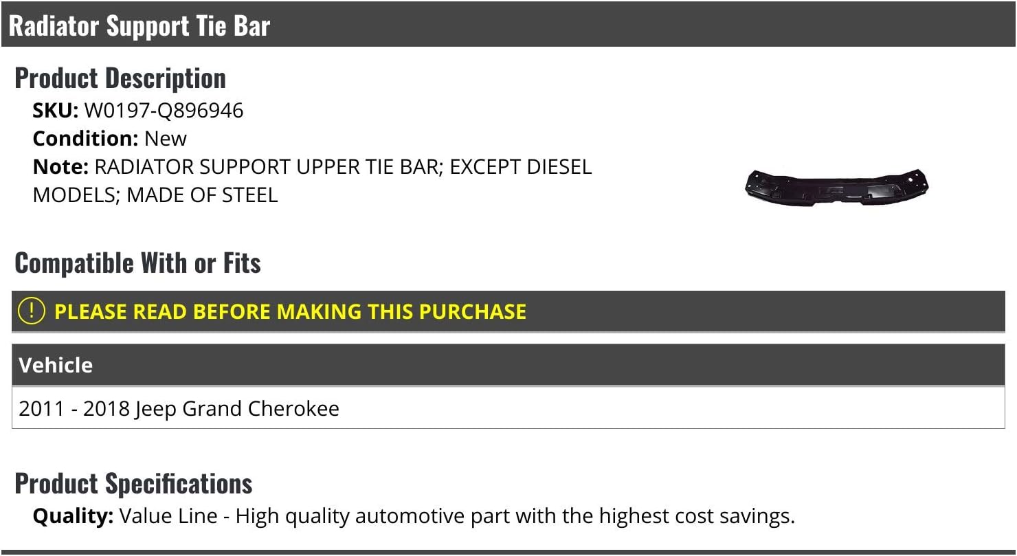 Upper Radiator Support Tie Bar - Compatible with 2011-2018 Jeep Grand Cherokee