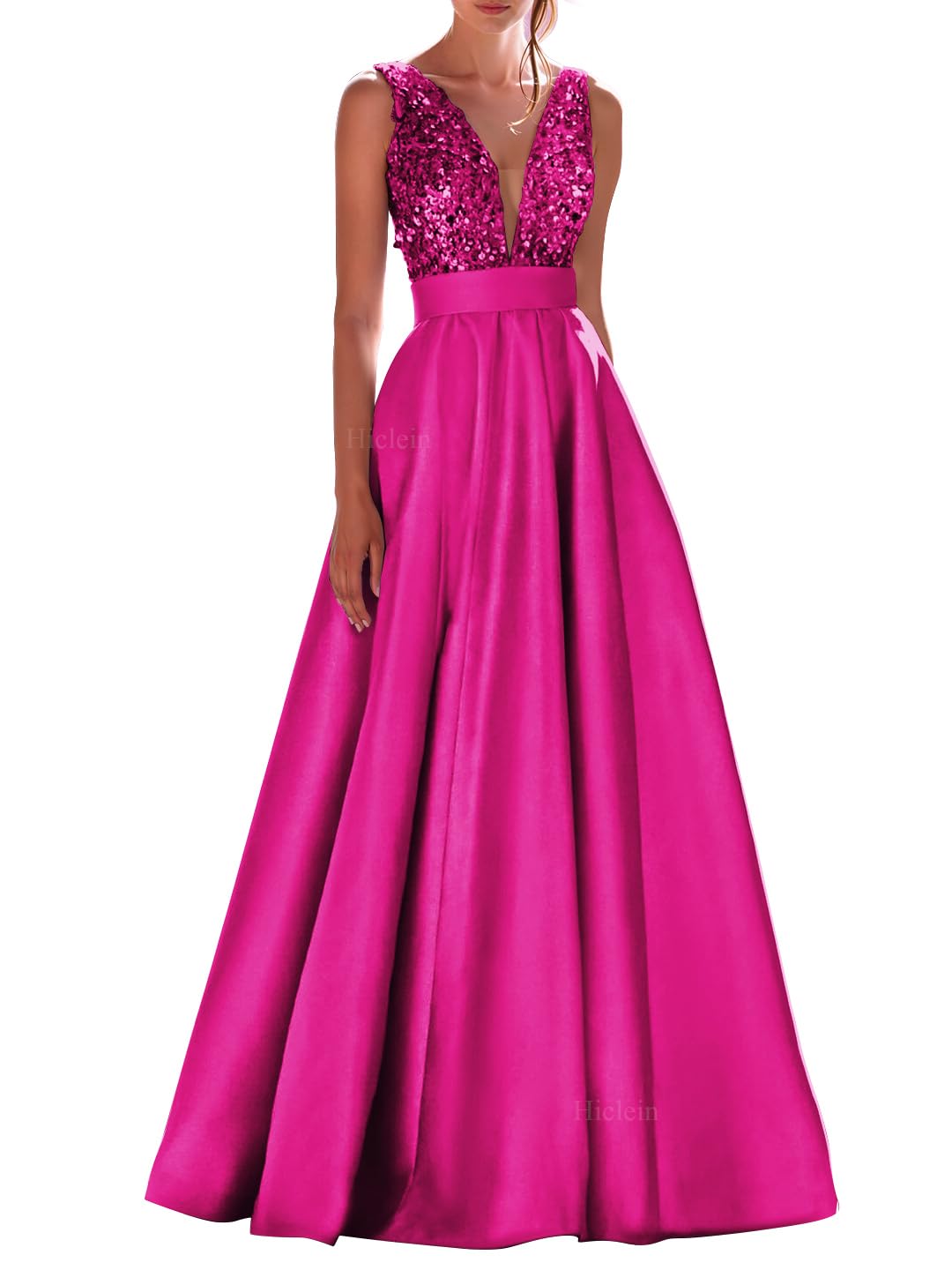 V Neck Satin Prom Dresses for Women 2026 Sequin Formal Dress A Line Backless Wedding Evening Gown with