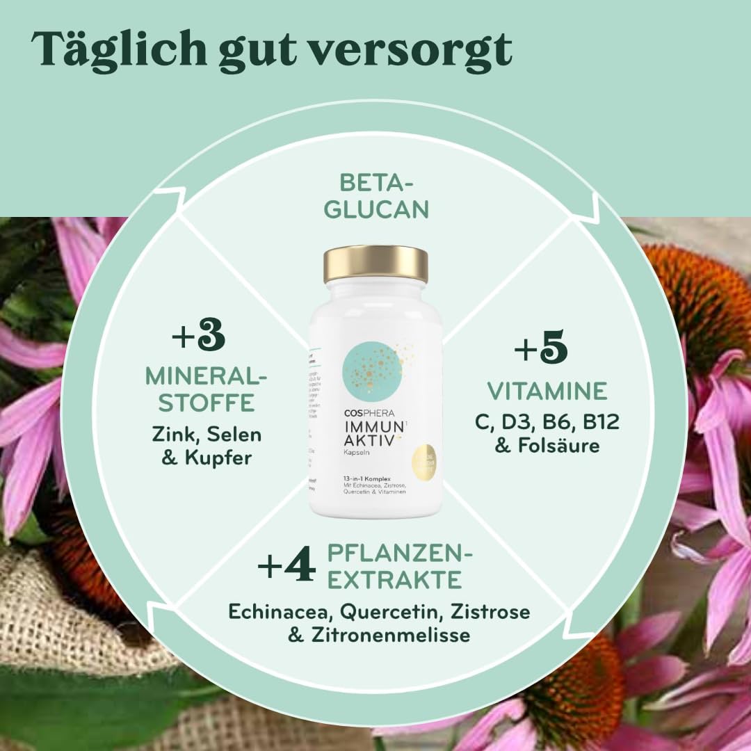 COSPHERA® 13-in-1 Immun Komplex - mit Echinacea, Vitamin C, Zink, Selen, Zistrose, Quercetin, D3, B6, B9, B12 - Vitamin Komplex zum Immunsystem Stärken Erwachsene - Vegan & Hochdosiert