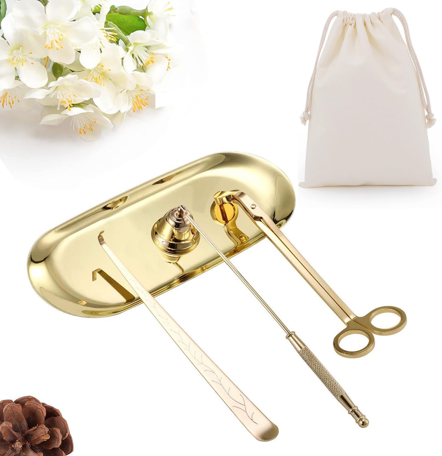 Candele Snuffer Wick Trimmer Vassoio Piatto 4 in 1 Accessori Candela Strumento Kit Cura Candele, Candela, Candela, Set di Tagliafiamma Candela, Spegnimento Bastone Manico Lungo (Oro)