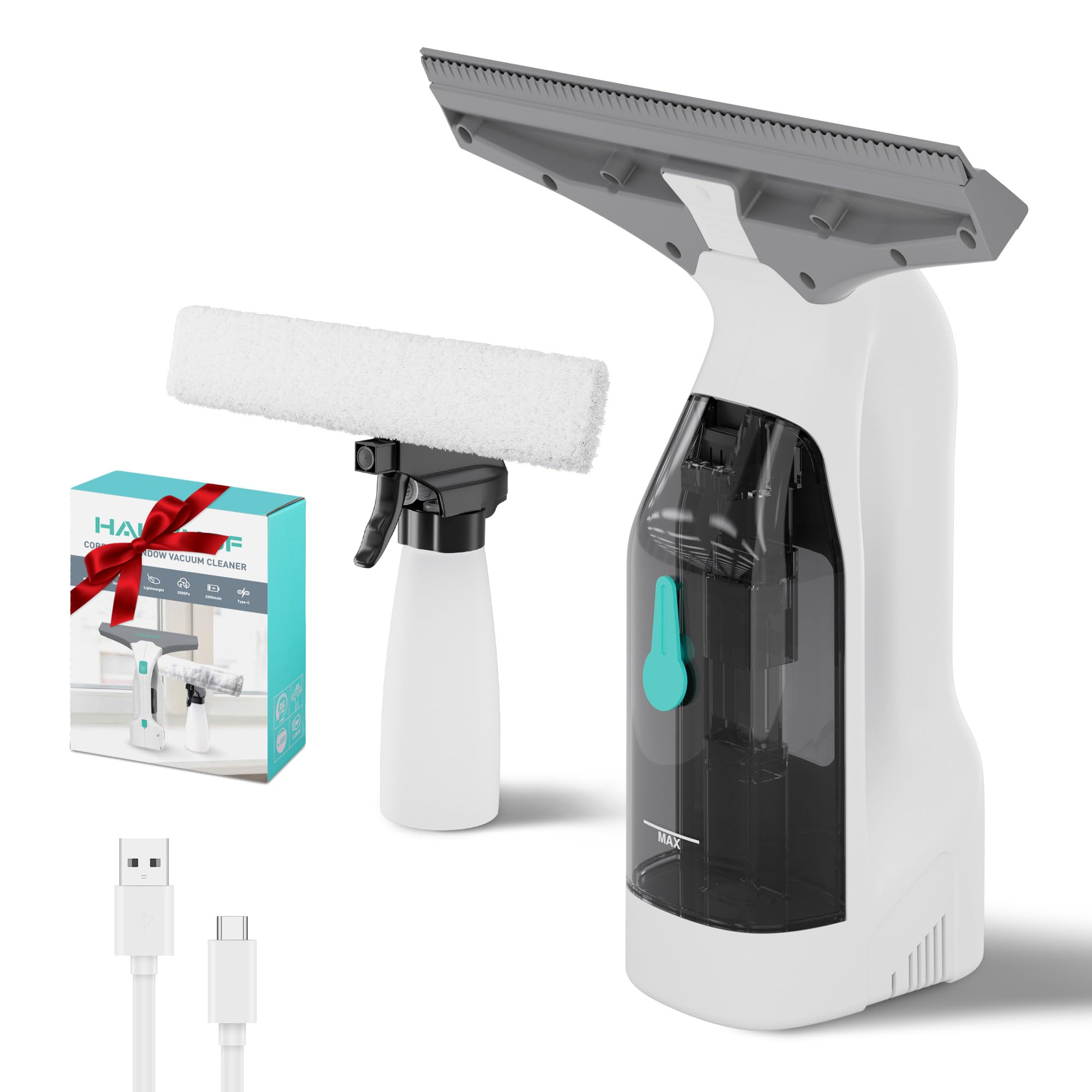 HAUSHOF Nettoyeur de Vitres, Aspirateur à Vitres Sans Fil 2 kPa, Lave Vitre Électrique avec Raclettes de 28cm, Réservoir Amovible 100 ml, 30 min d’Autonomie, pour Vitres, Miroirs, Carrelage
