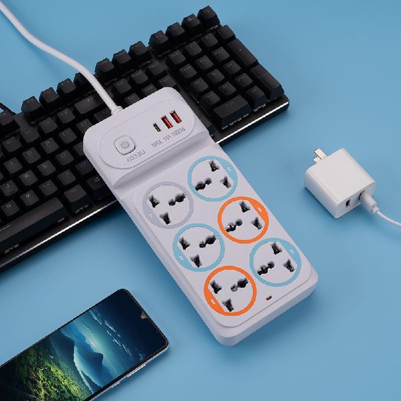 Image of Power Strip with 6 Universal Sockets with Child Security + 2 USB Ports + 1 Type-C Port, High Temperature Fuse Protector, 1800W with 2 Meter Cable(2 USB 6 Plug New White)
