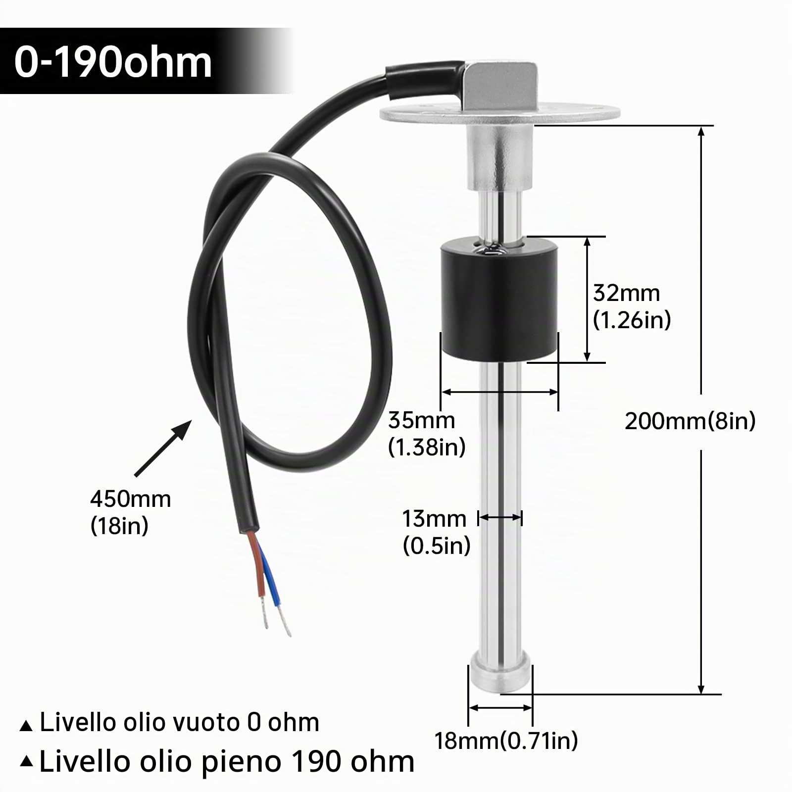 Barca a vela marina 52 mm (2 '') Indicatore del livello dell'acqua con retroilluminazione a 7 colori 12 V 24 V con 200 mm Sensore di invio livello acqua/carburante
