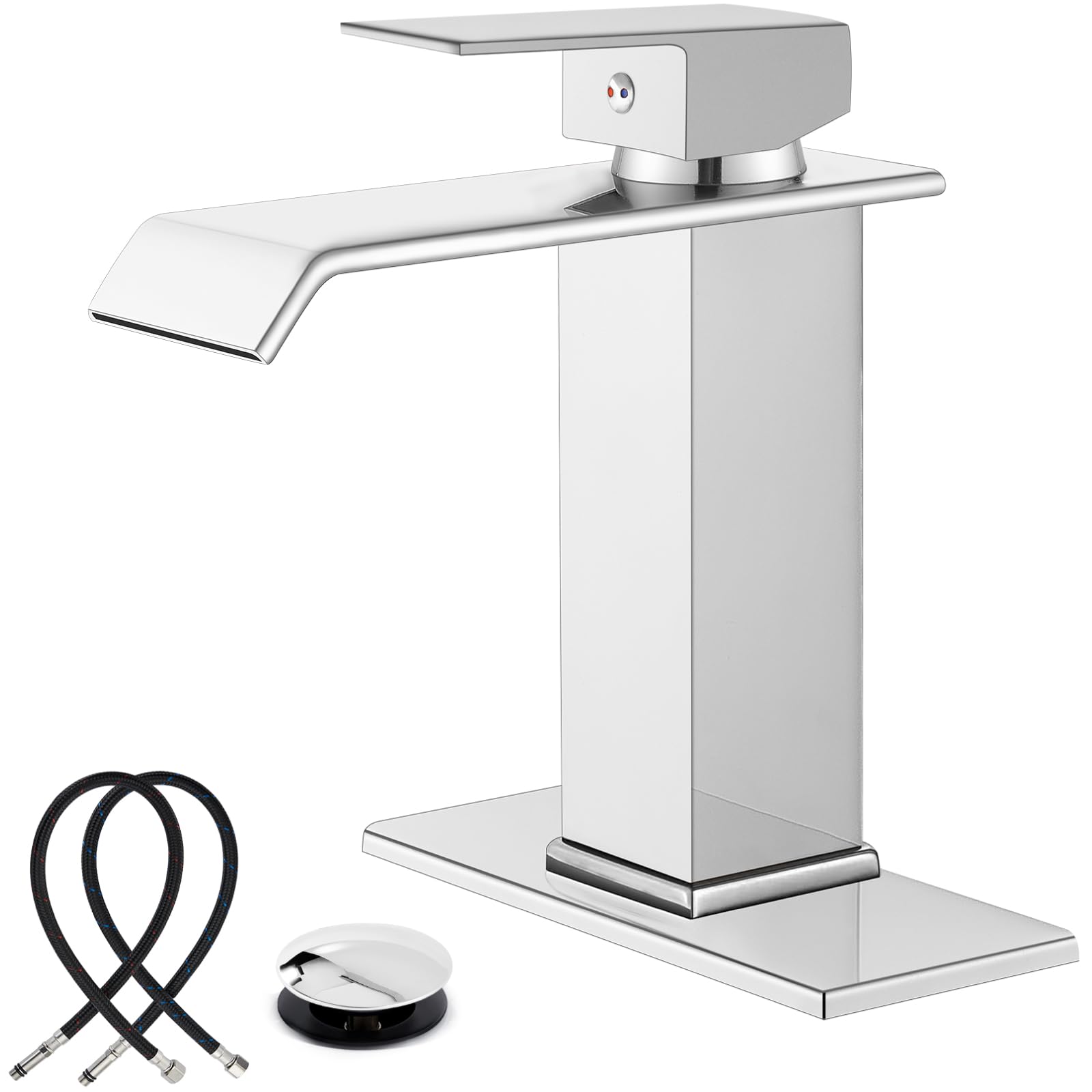 Sxithgkdw Polish Chrome Waterfall Bathroom Faucets, Single Handle 1 Hole Bathroom Sink Faucet Modern Rv Vanity Restroom Lavatory Basin Faucet With Pop Up Drain And Water Supply Lines,