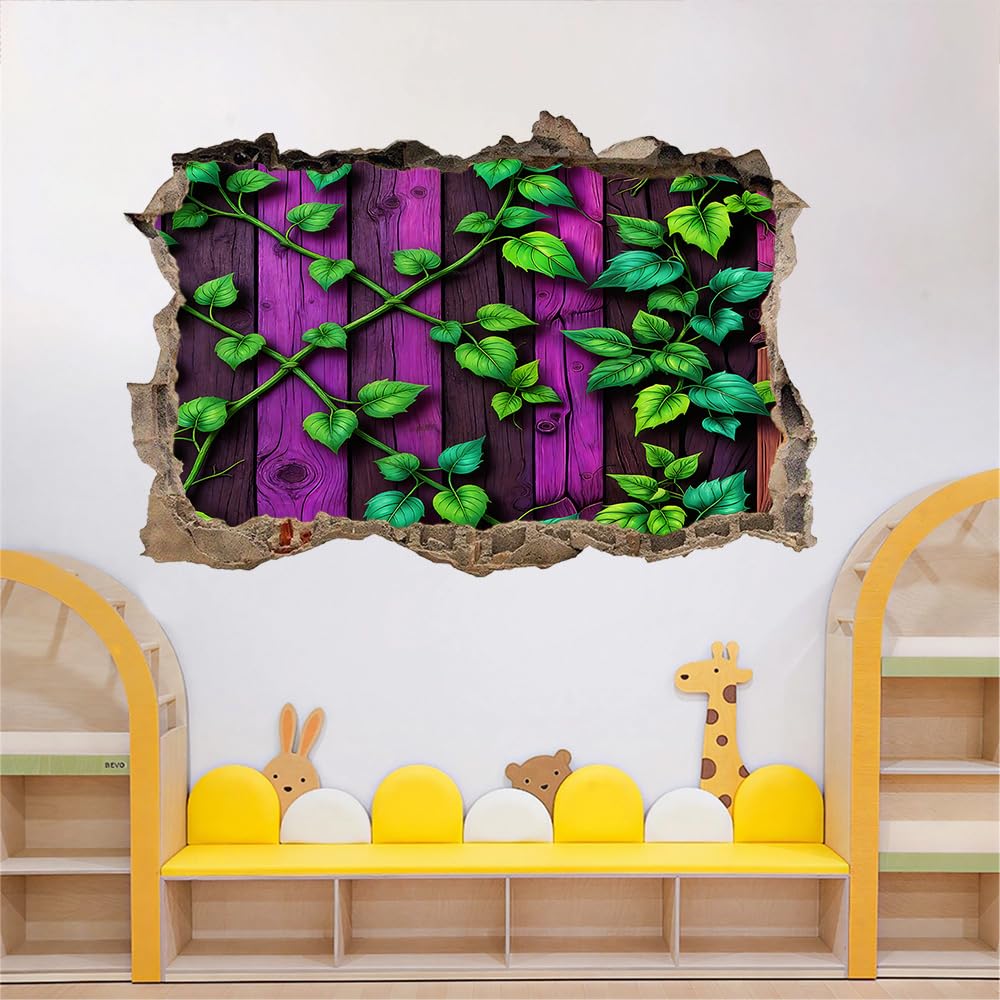 3D Wandtattoos Durchbruch Wandbild Grüne Ranken Kinderzimmer Aufkleber Wandaufkleber Lila Streifen Wandsticker für Kinderzimmer Junge Zimmer Wohnzimmer Schlafzimmer