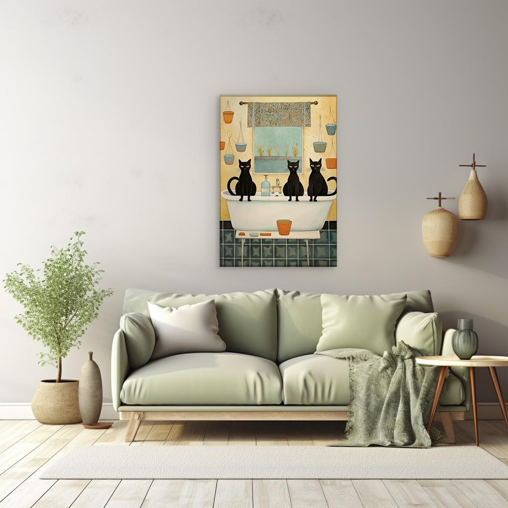 Canvas for Living room. Whiskers and Bubbles: The Charm of Feline Companions in a Sunny Vintage Bathroom Oasis, 27 x 18 inch Canvas Wall Art - Ready to Hang - 69x46 cm (27x18 inch)