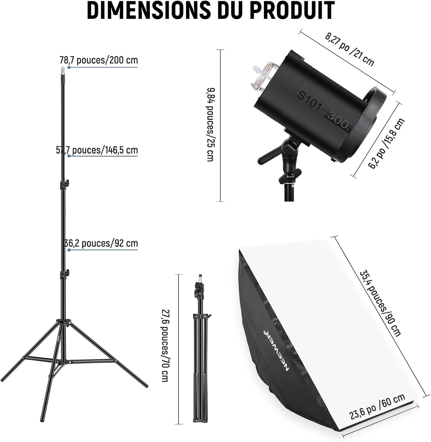 NEEWER Kit Flash monolight Studio 600W : 2 x lumières stroboscopiques S101-300W 5600K avec lumières de modélisation 150W/monture Bowens/boîte à lumière/Supports, réflecteur/déclencheur RT-16/sac